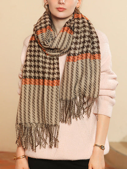 Houndstooth Plaid Tasseled Shawl&Scarf