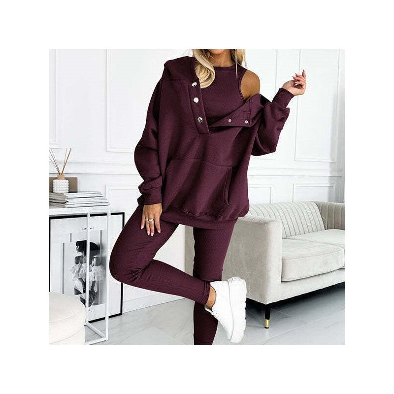 3-Piece Set- Leisure Hoodie, Thick Ribbed Vest, And Pants