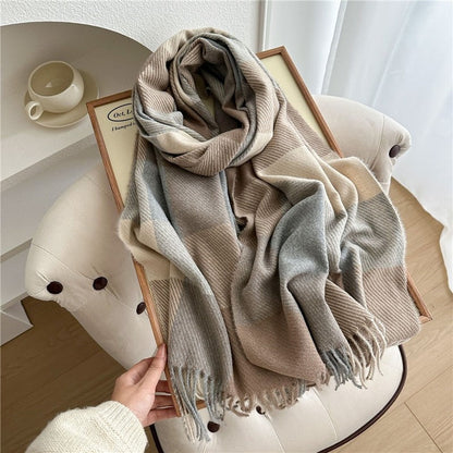 Color Block Plaid Fringe Scarf