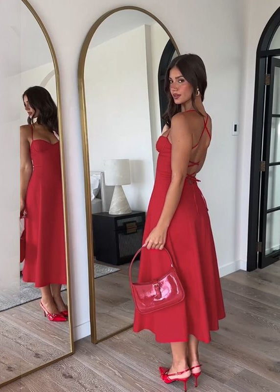 Strappy Back Midi Dress In Red Structured Fabric