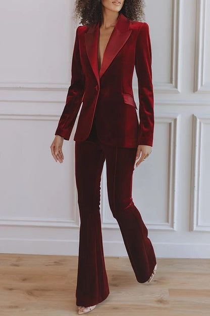 Delicate Daze Velvet Satin Lapel Button Up Long Sleeve Tapered Waist Blazer