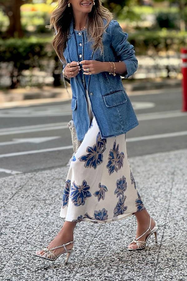 Vintage Blue and Gold Floral Satin Midi Skirt
