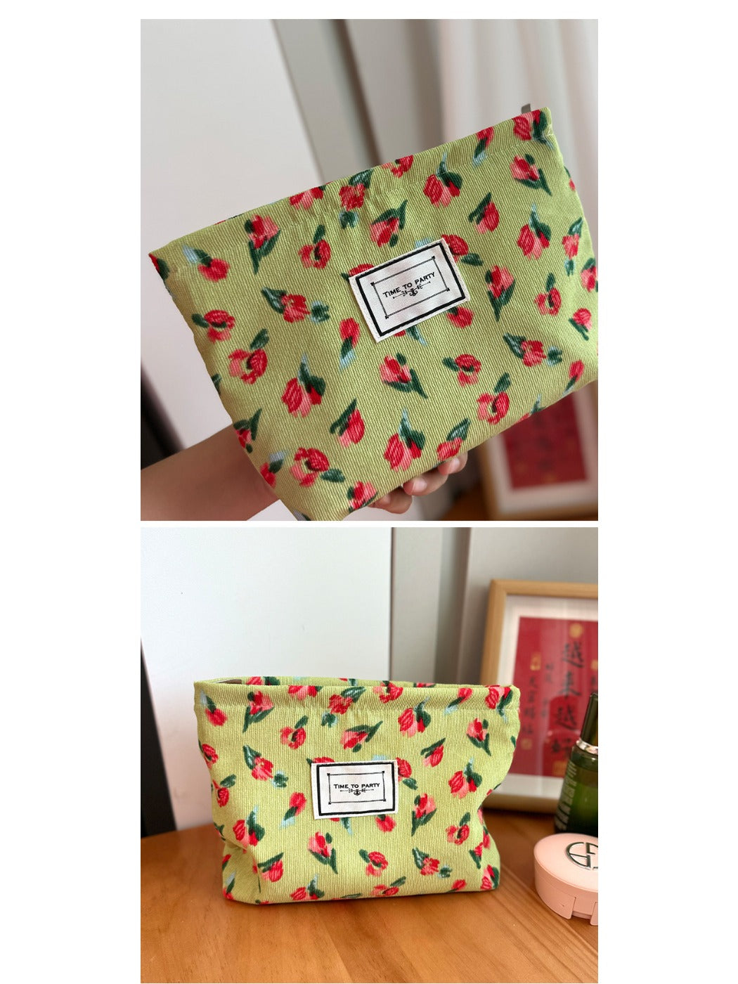 Cosbai - Canvas Makeup Bag with Floral Prints