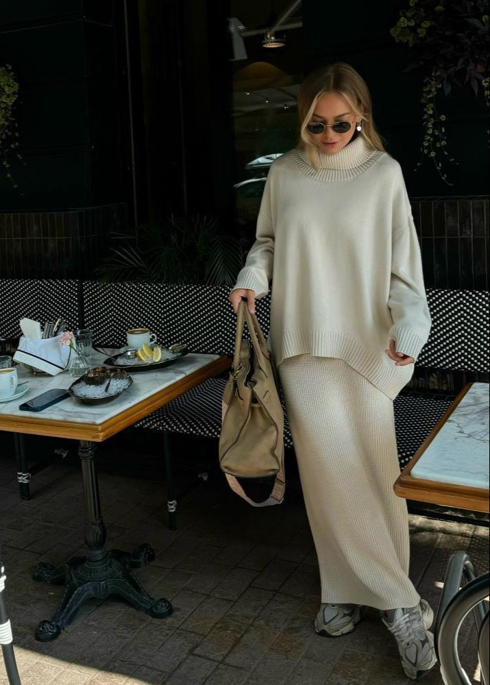 Oversized Knit Sweater And Maxi Skirt Set Beige