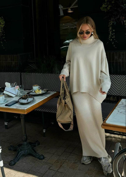 Oversized Knit Sweater And Maxi Skirt Set Beige