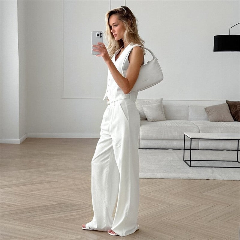 White Linen Blend Sleeveless Blazer And Trousers Set
