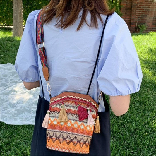 Print Soft Tasseled Multicolored One Shoulder Bag