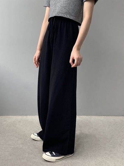 Loose Wide Leg Drawstring Solid Color Knitting Casual Pants Bottoms