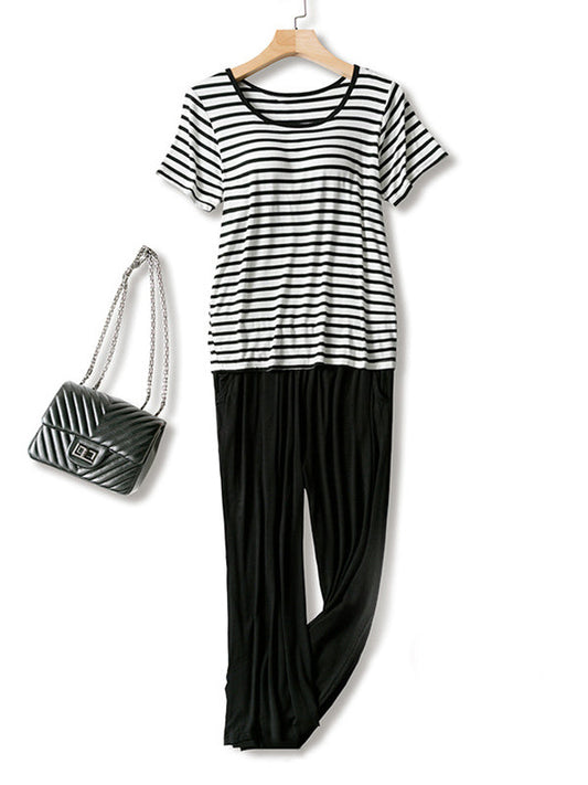 Striped Short Sleeve&Cropped Pants Pajamas Sets