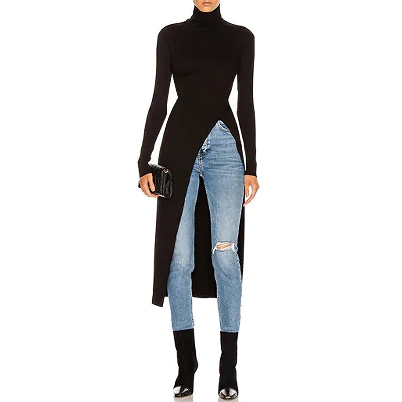 Skinny Solid Color Split-Side High-Neck T-Shirts Tops