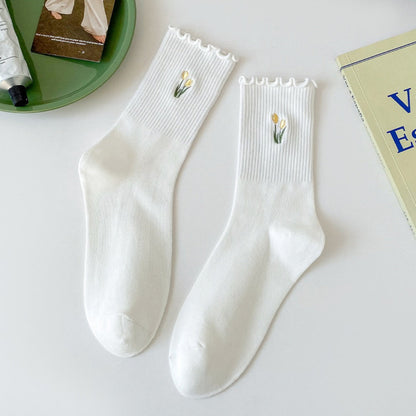Rufia - Floral Embroidered Ruffled Mid-Calf Socks