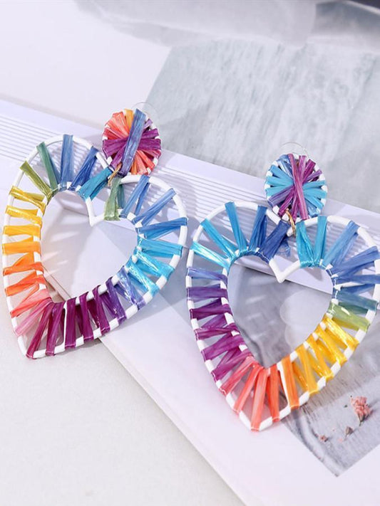 Geometric Coloured Lafite Handwoven Heart-Shaped Earrings