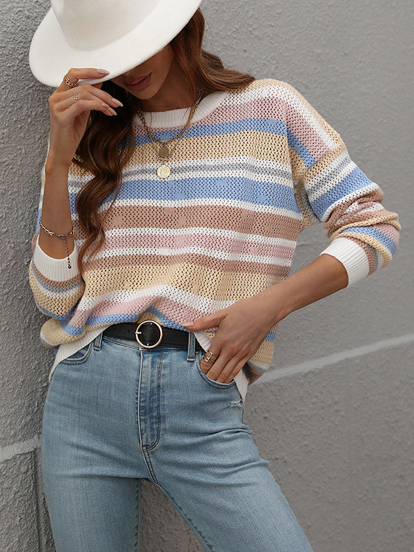 Original Long Sleeves Loose Contrast Color Striped Round-Neck Sweater Tops