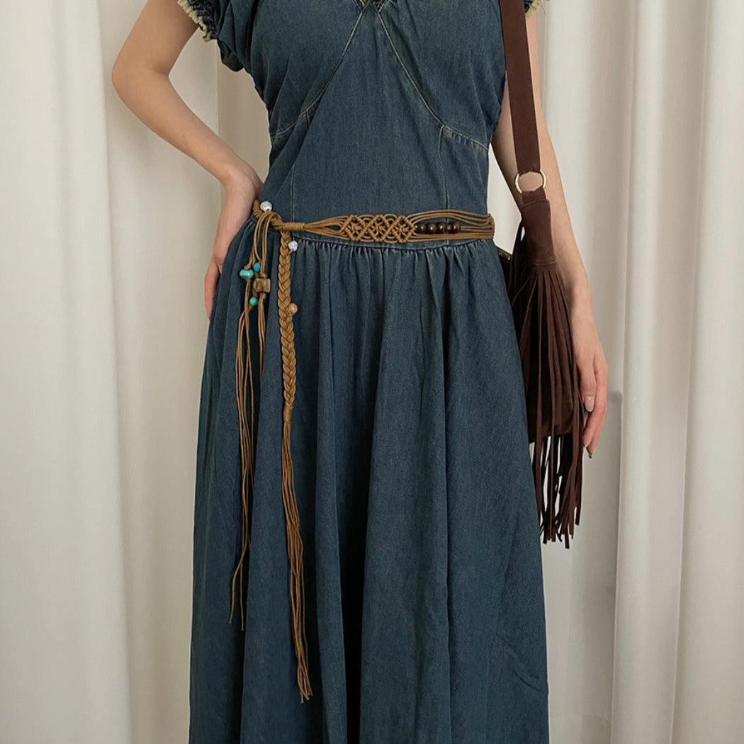 Beco - Blue Beaded Boho Braided Waist Belt