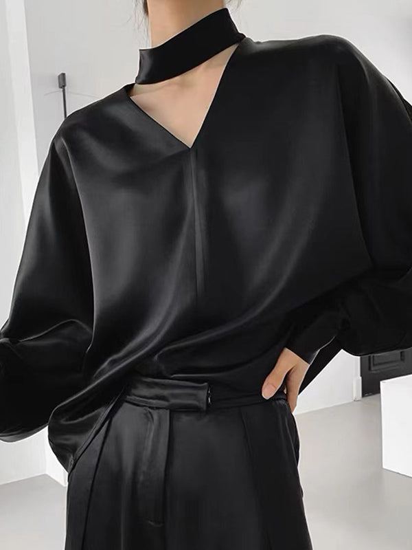 Wrap Hollow Solid Color V-Neck Blouses&Shirts Tops