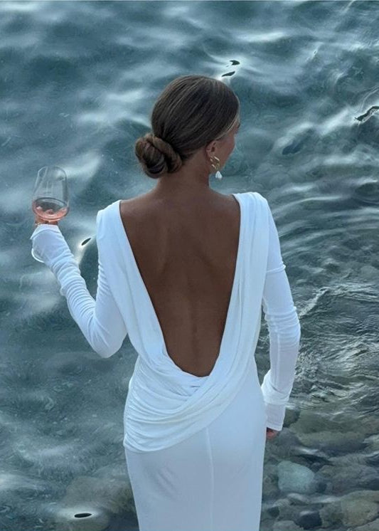 Backless Long Sleeve Maxi Dress In Silky Polyester