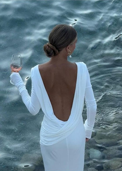 Backless Long Sleeve Maxi Dress In Silky Polyester