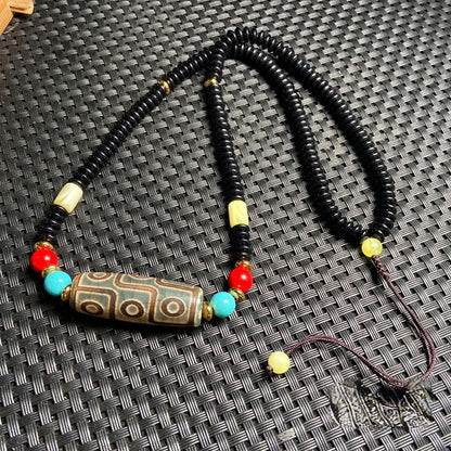 Tibetan Nine-Eyed Beads Clavicle Chain Old Agate Beads With Beeswax Cinnabar Beads Necklace
