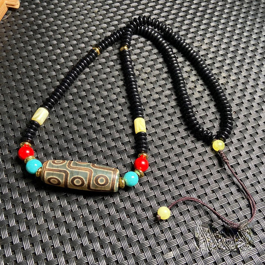 Tibetan Nine-Eyed Beads Clavicle Chain Old Agate Beads With Beeswax Cinnabar Beads Necklace