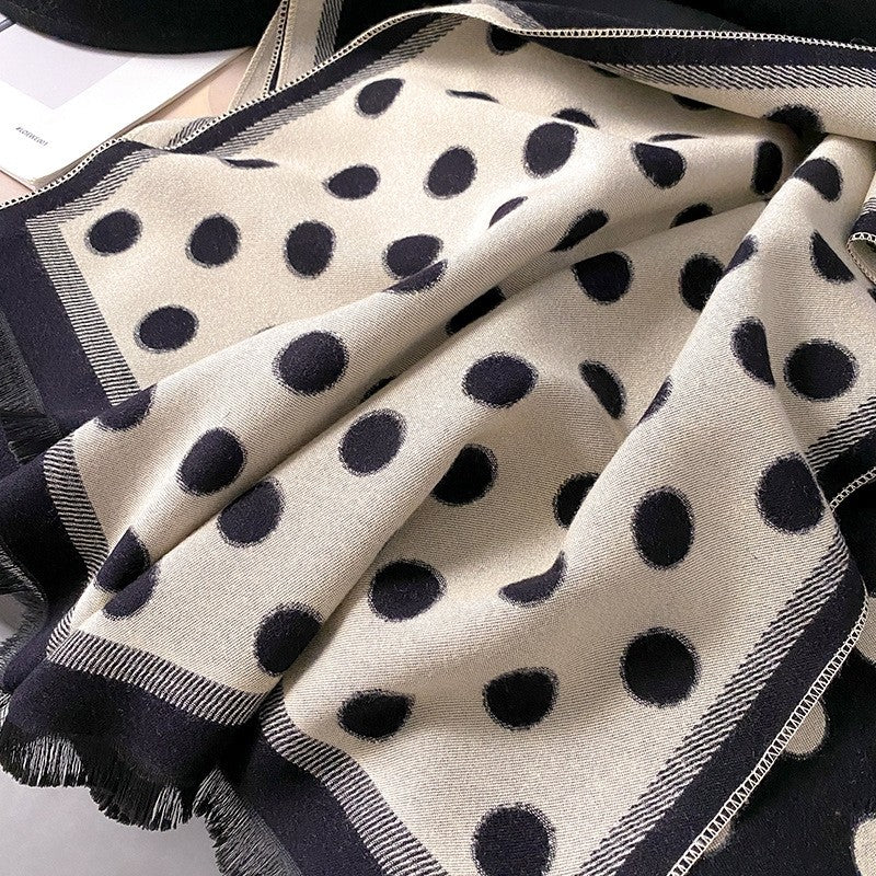 Double Sided Color Blocked Thick Warm Shawl With Polka Dots
