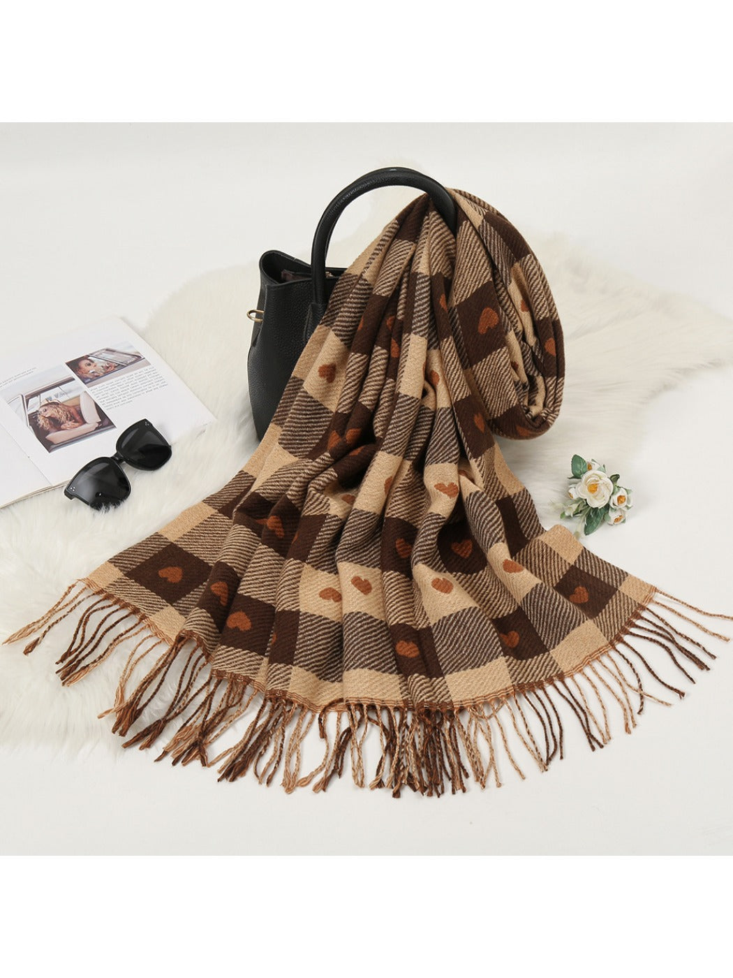 Sscarvii - Heart Print Plaid Winter Scarf