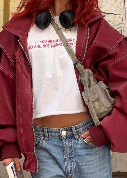 Oversized Zipper Jacket In Wine Red With White Stitching