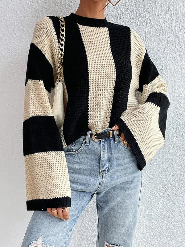 Flared Sleeves Long Sleeves Contrast Color Round-Neck Knitwear Pullovers Sweater Tops