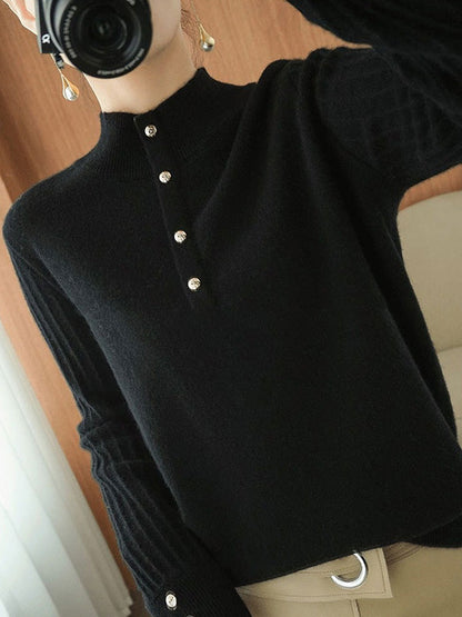 Casual Puff Sleeves Long Sleeves Solid Color Half Turtleneck Sweater Tops
