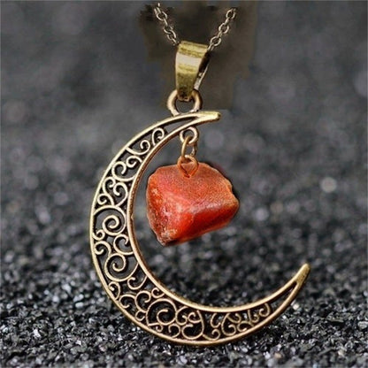 Natural Stone Crystal Necklace Vintage Moon Alloy Sweater Chain