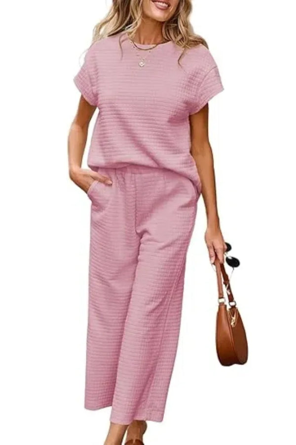 Women's Casual Textured Tops and Wide Leg Pants Lounge Sets