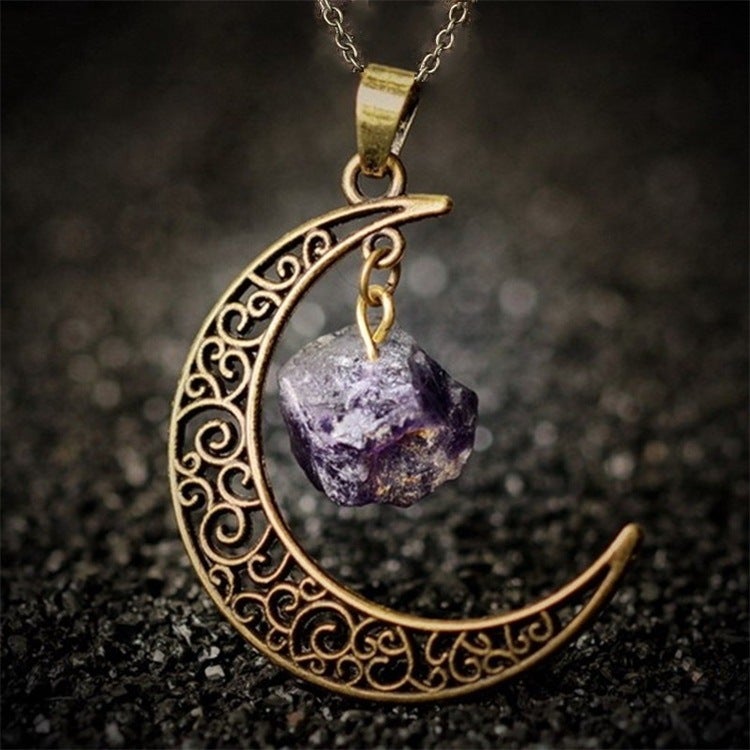 Natural Stone Crystal Necklace Vintage Moon Alloy Sweater Chain