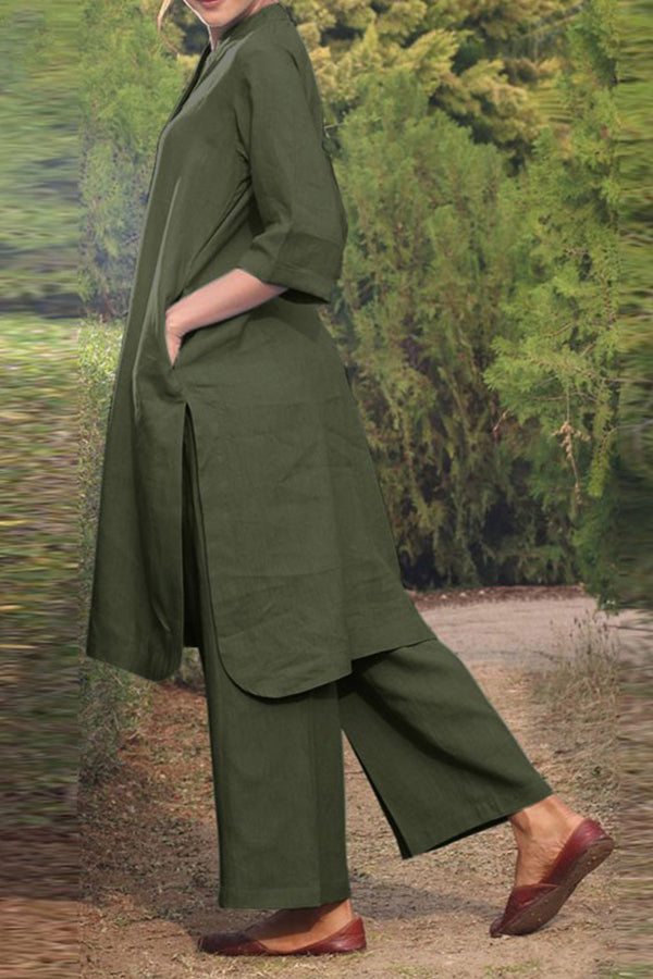 Cotton and linen V-neck 3\/4 sleeve wide brimmed pants 2-piece set