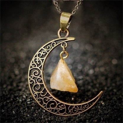 Natural Stone Crystal Necklace Vintage Moon Alloy Sweater Chain