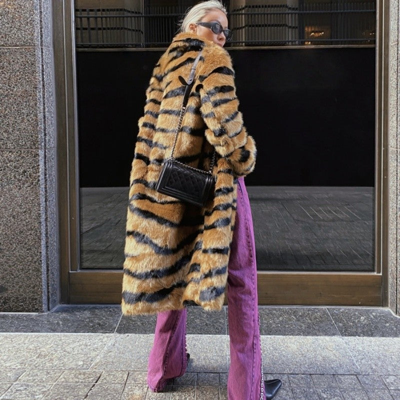 Faux Fur Tiger Print Long Coat Loose Light Luxury