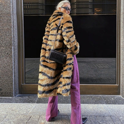 Faux Fur Tiger Print Long Coat Loose Light Luxury