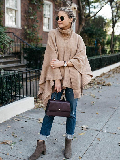 High-Neck Solid Color Knitting Sweater Cover-Ups Tops