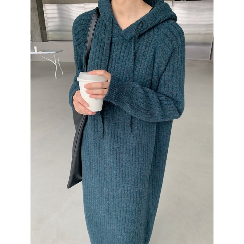 Simple Loose Long Sleeves Drawstring Solid Color Hooded Sweater Dresses