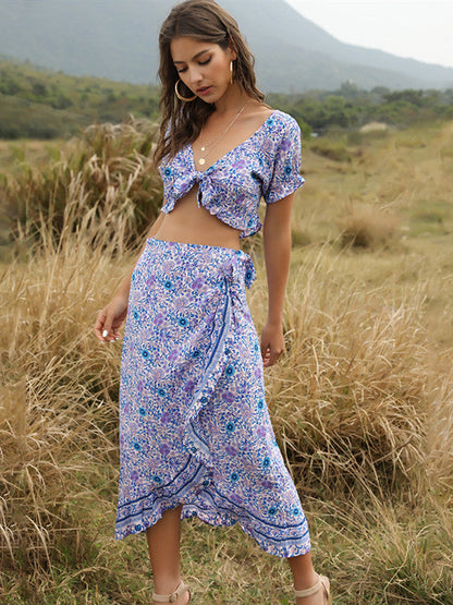 Bohemian Women'S Irregular Half Skirt Umbilical Top Two Sets