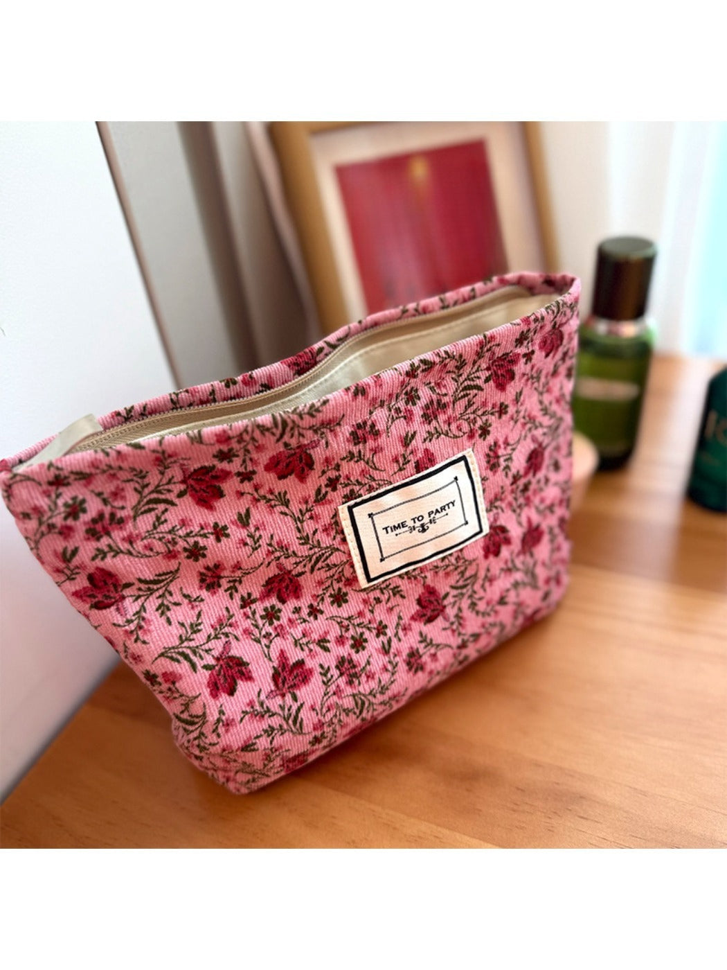 Cosbai - Corduroy Travel Makeup Bag with Floral Prints
