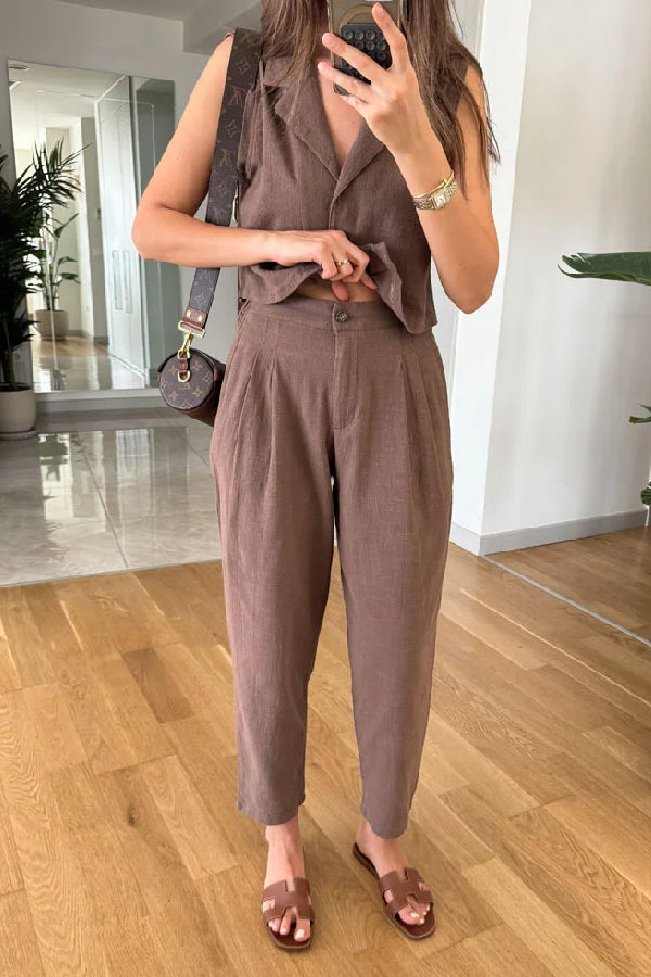 Casual Solid Lapel Vest \u0026 Pants Cotton Linen Two-piece Set