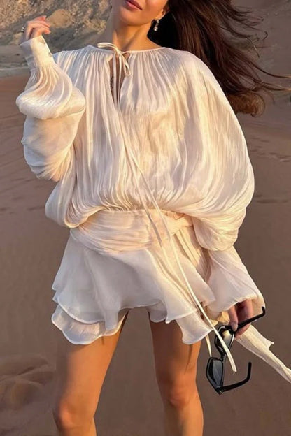 Ninah Glitter Fabric Pleated Balloon Sleeve Tiered Ruffle Hem Mini Dress