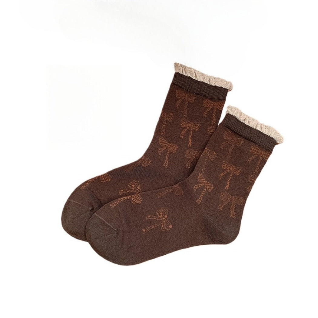 Rufia - Retro Doodle Bow Crew Socks - Sweet &amp; Stylish