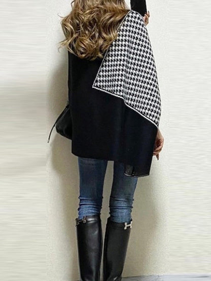 Original Loose Batwing Sleeves Contrast Color Plaid High-Neck Sweater Tops