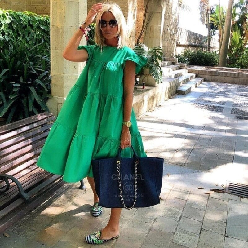 Solid Color Loose Pleated Short Sleeve Dress