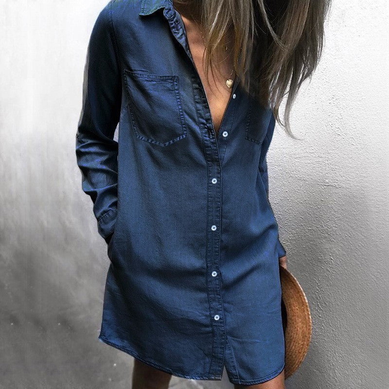 Ladies Button Down Shirt Denim Long Sleeve T-Shirt Dress