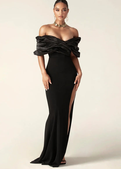 Off Shoulder Satin Evening Gown With Thigh Slit