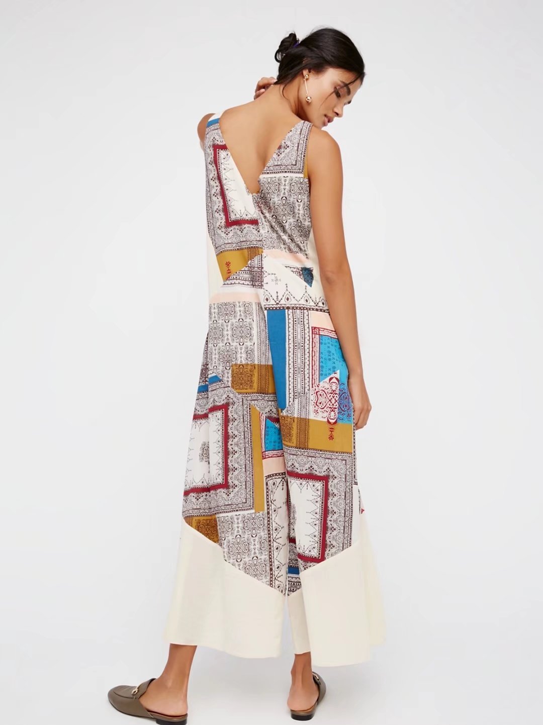 2018 Summer Print V Neck Sleeveless Wide Leg Pants Jumpsuit