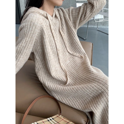 Simple Loose Long Sleeves Drawstring Solid Color Hooded Sweater Dresses