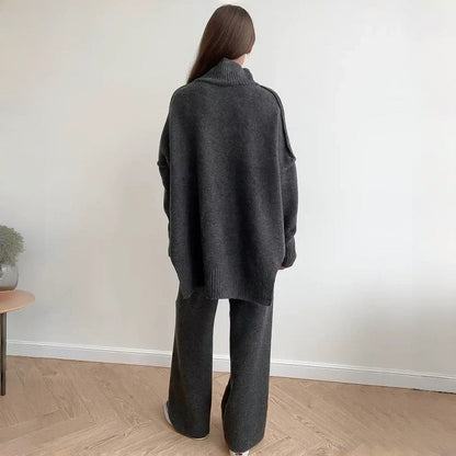 Loose High Neck Knit Sweater Pants Set
