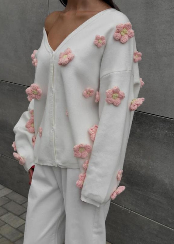 3D Floral Knit Cardigan With V Neck